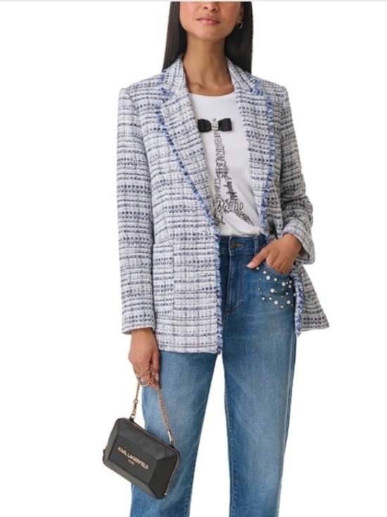 Karl Lagerfeld Denim - Karl Lagerfeld Paris Blue Tweed Fringe Blazer Jacket Size 4